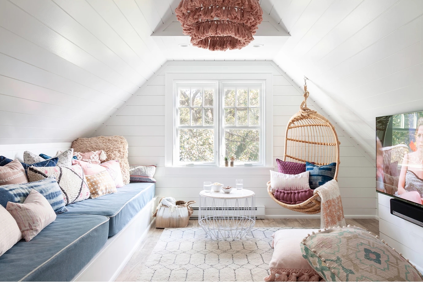 Bonus Room Boho Attic Pink Tassel Chandelier Built-In Seating