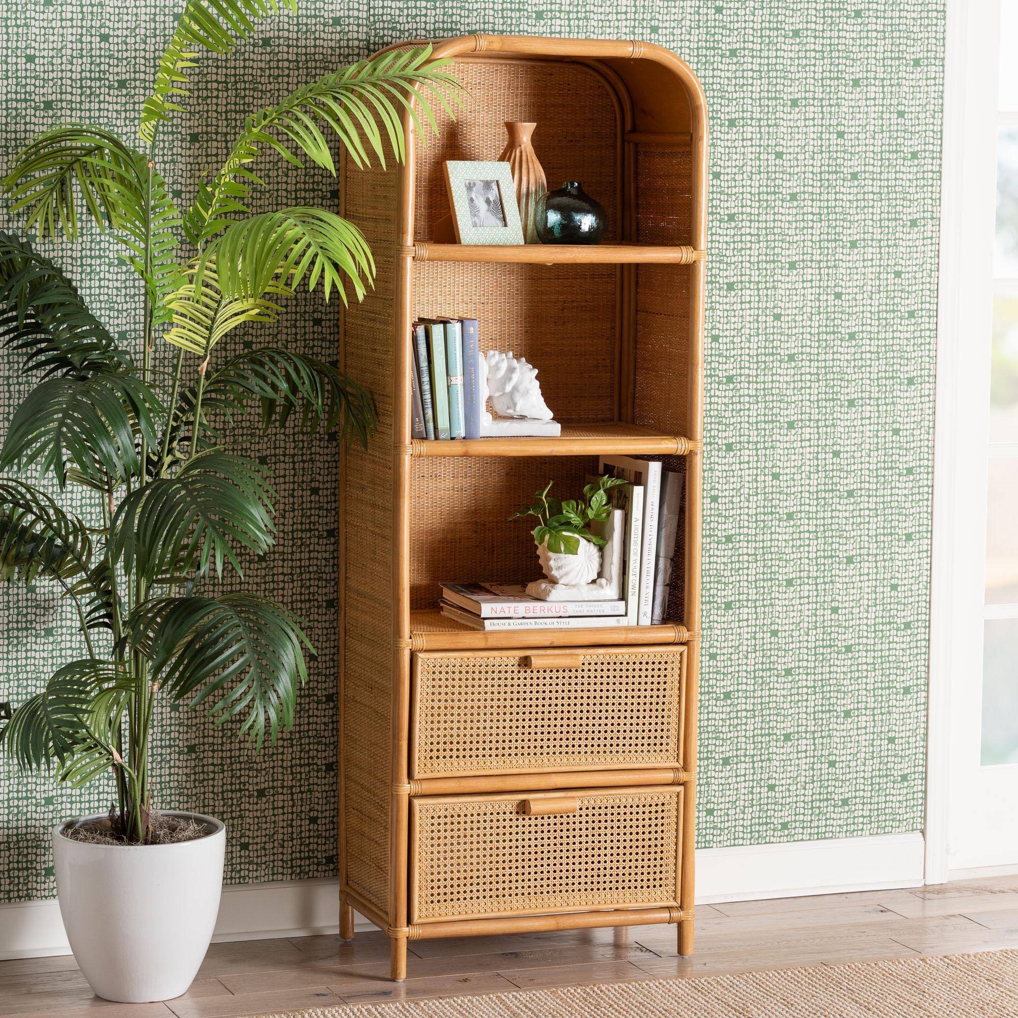 Bookcase Arched Silhouette Honey Woven Cane Drawers