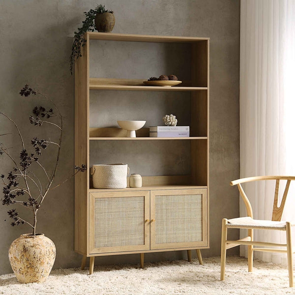 Bookcase Woven Rattan Doors Tapered Legs Natural Wood