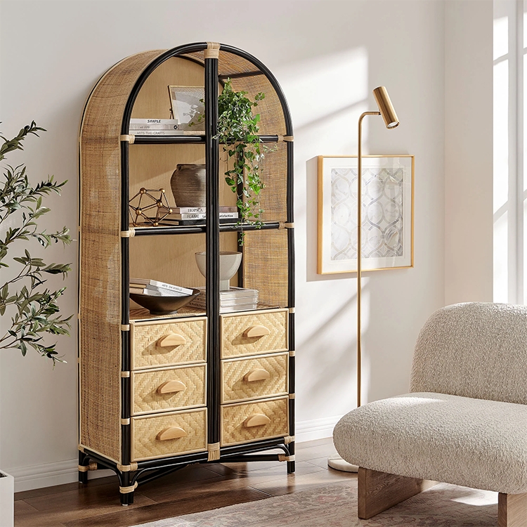 Bookshelf Arched Top Matte Black Frame Six Drawers