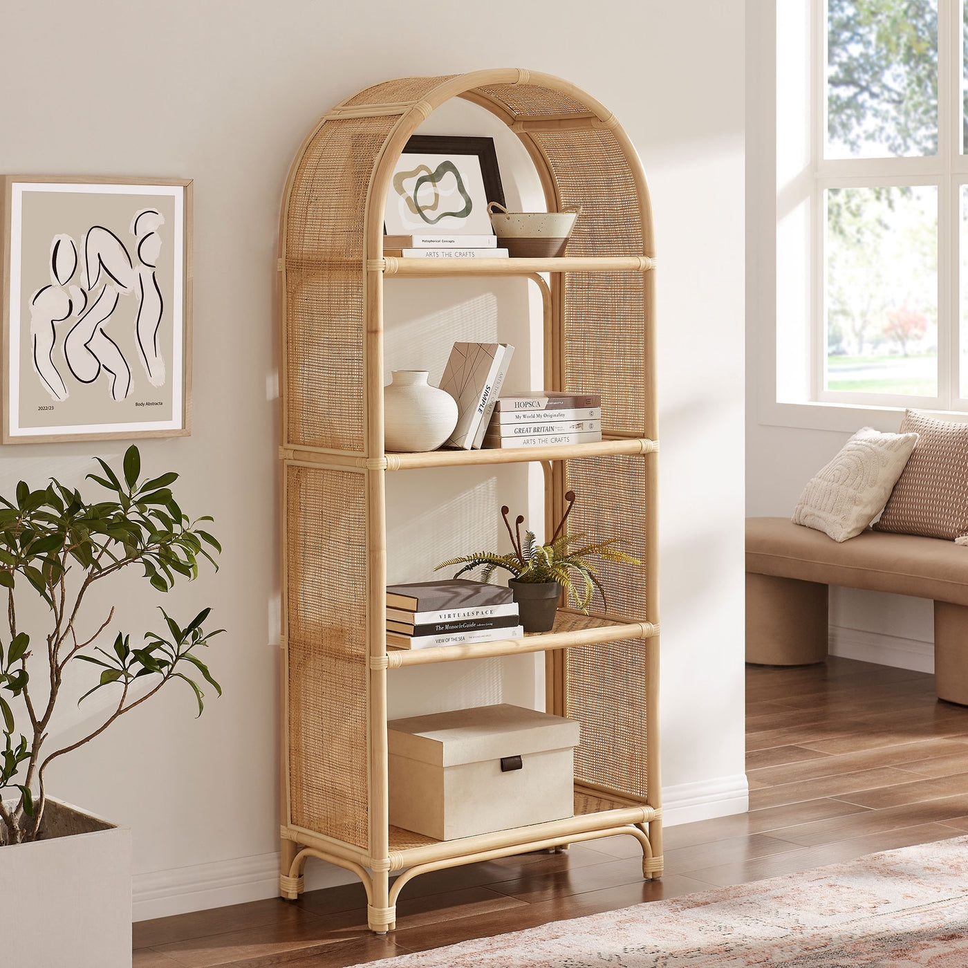 Bookshelf Arched Top Mesh Woven Panels Coastal Storage