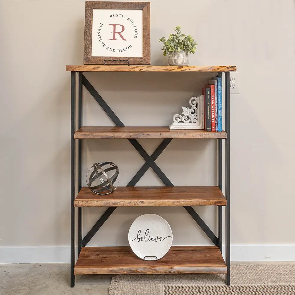 Bookshelf X-Brace Back Walnut Wood With Metal Frame