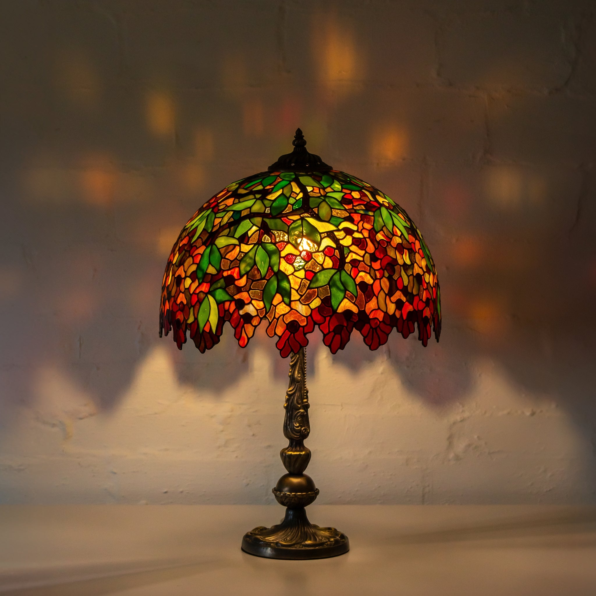 Botanical Motif Table Lamp with Scalloped Red Mosaic Edge