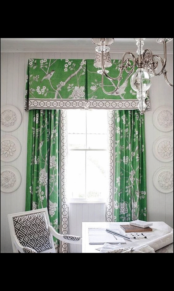 Box Pleat Valance Chinoiserie Fabric Geometric Border Bird Motif