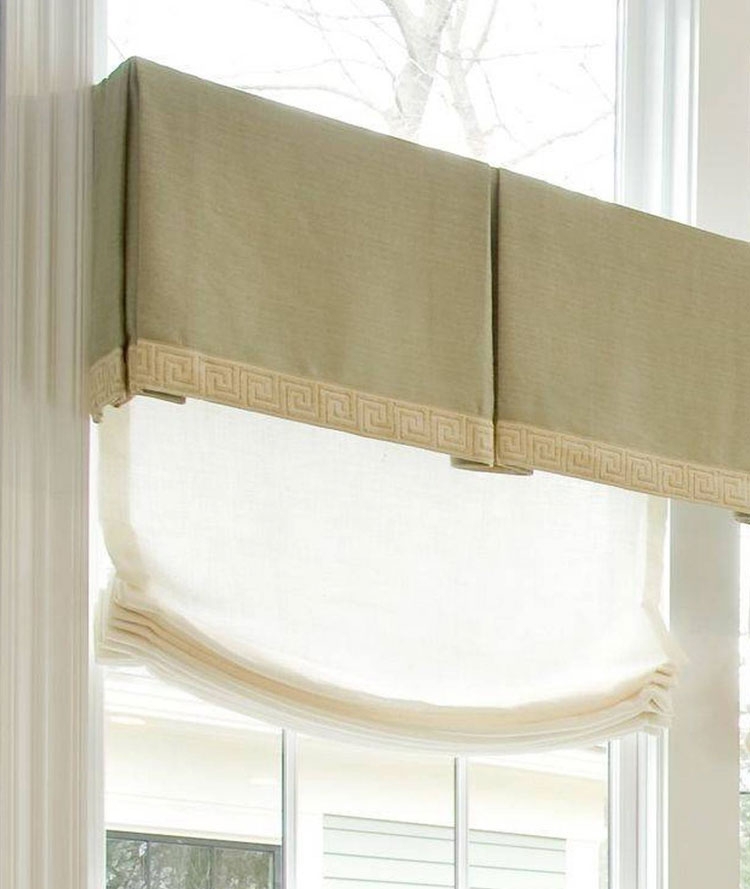 Box Pleat Valance Greek Key Trim Sheer Roman Shade Layered Decor