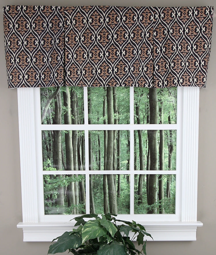 Box Pleat Valance Ikat Ogee Pattern Mocha and Black Window Decor