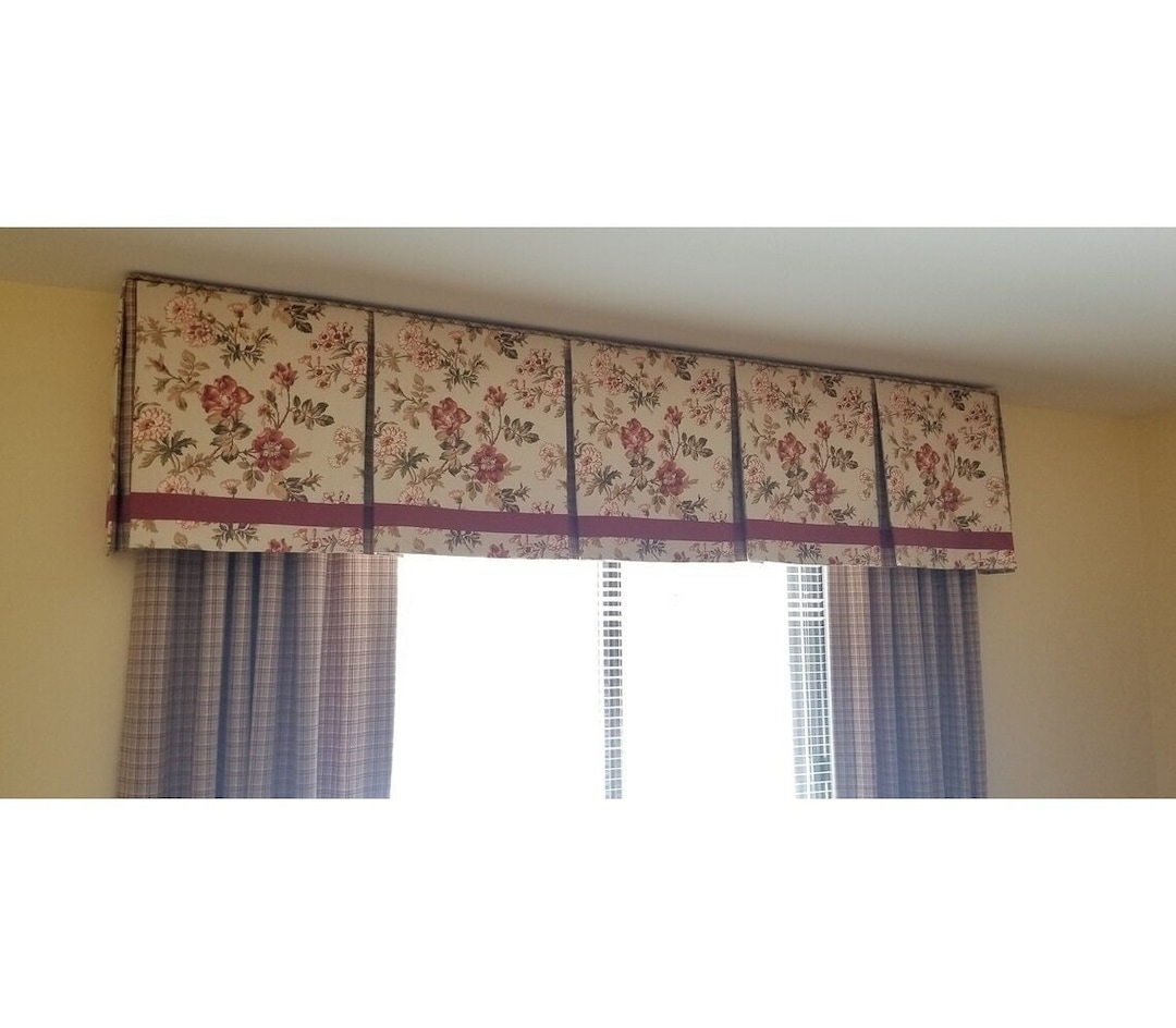 Box Pleat Valance Maroon Accent Band Botanical Floral Print Set