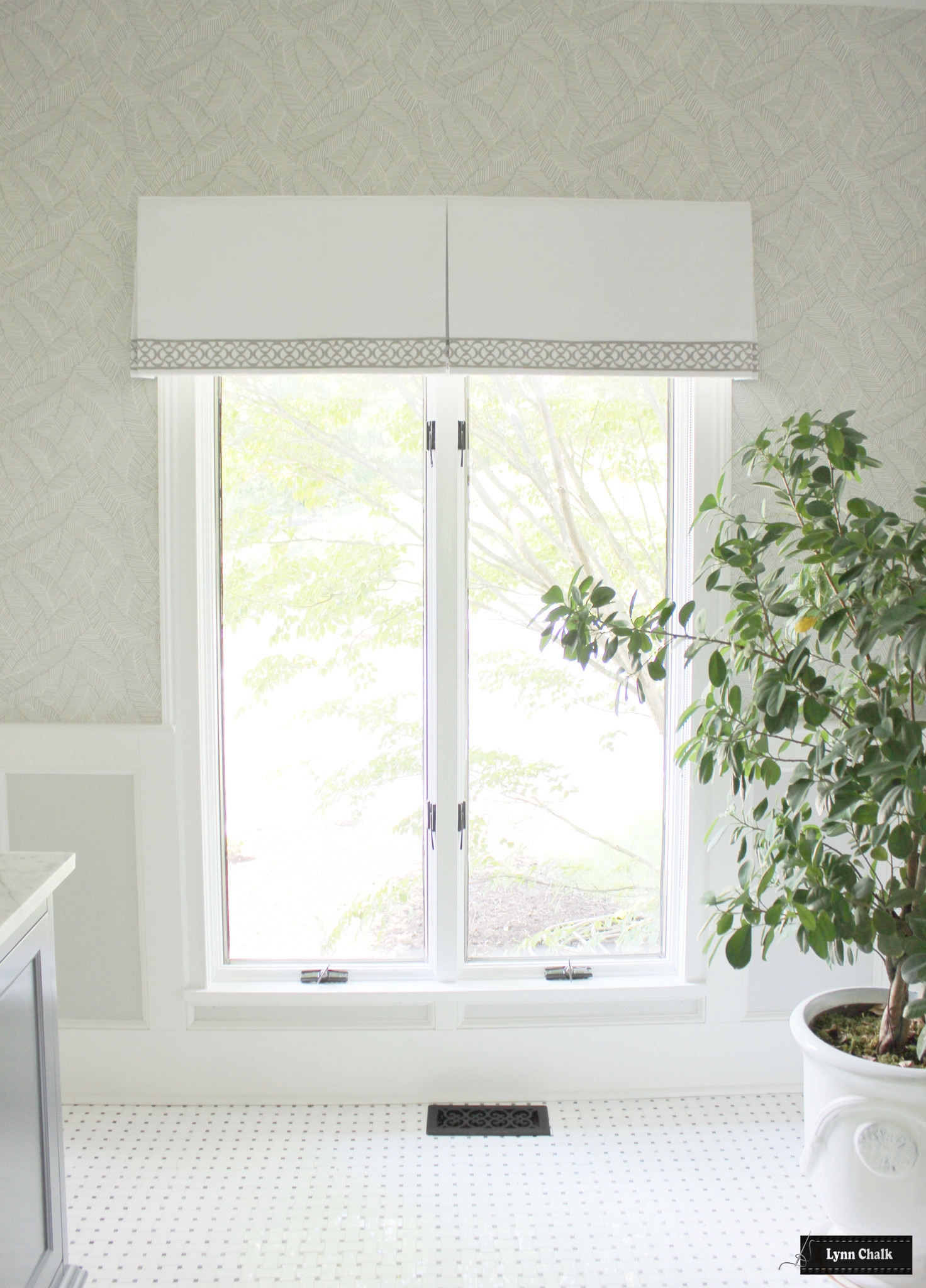 Box Pleated Valance Geometric Lace Border Pearl White Linen Decor