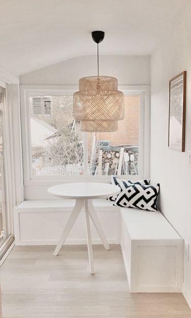 Breakfast Nook: L-Shaped Banquette, Tiered Rattan Pendant