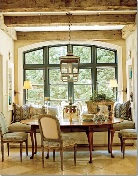 Breakfast Nook: Lantern Pendant, Arched Window, Rustic Beams