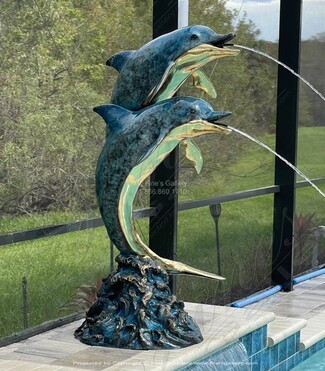 Bronze Fountain: Verdigris Blue Dual Spouts Pool Water Feature