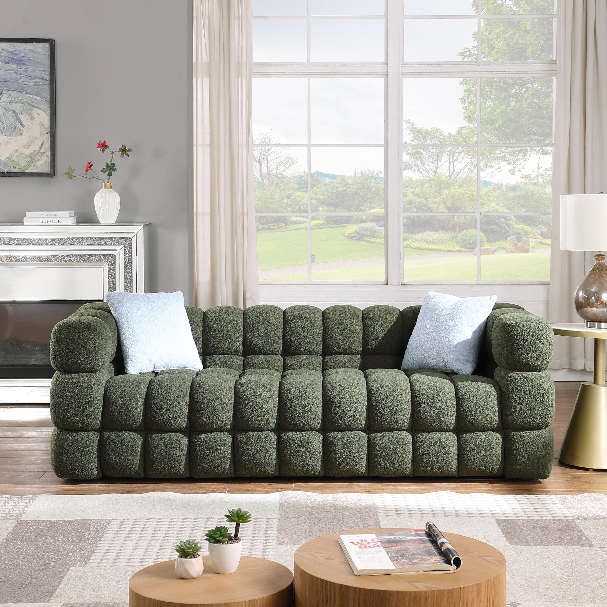 Bubble Sofa Olive Green Boucle Segmented Tufting