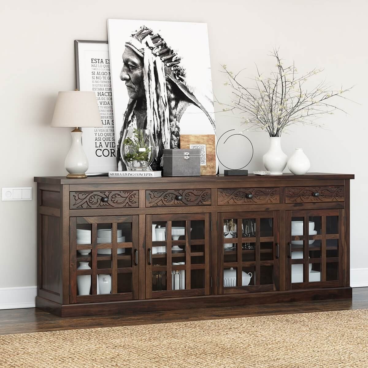 Buffet Cabinet Hand Carved Rustic Wood Sideboard