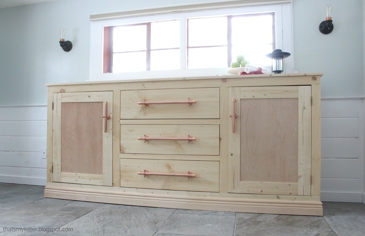 Buffet Cabinet Long Wood with Copper Pipe Pulls