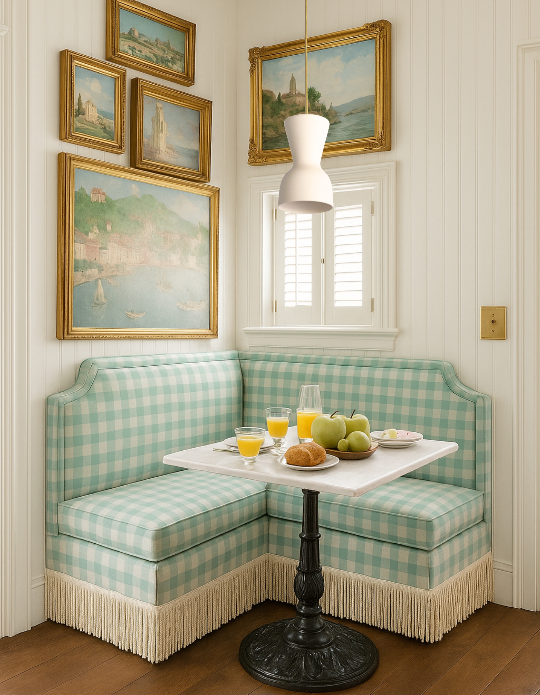 Built In Banquette: Gingham Pattern and Fringe Trim Bench