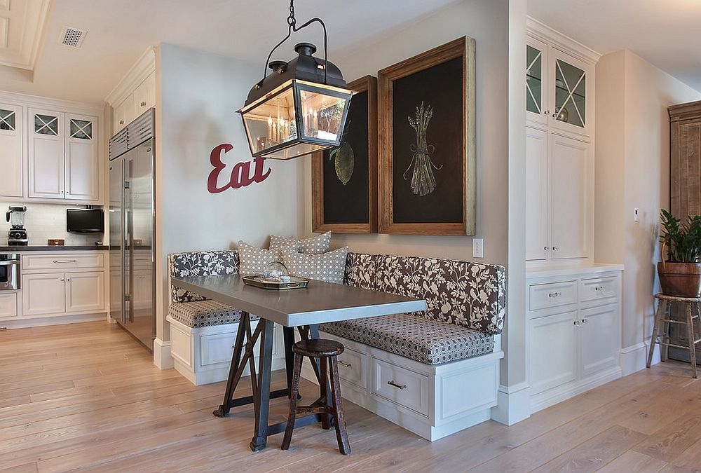Built-In Banquette With Floral Fabric And Shaker Drawers