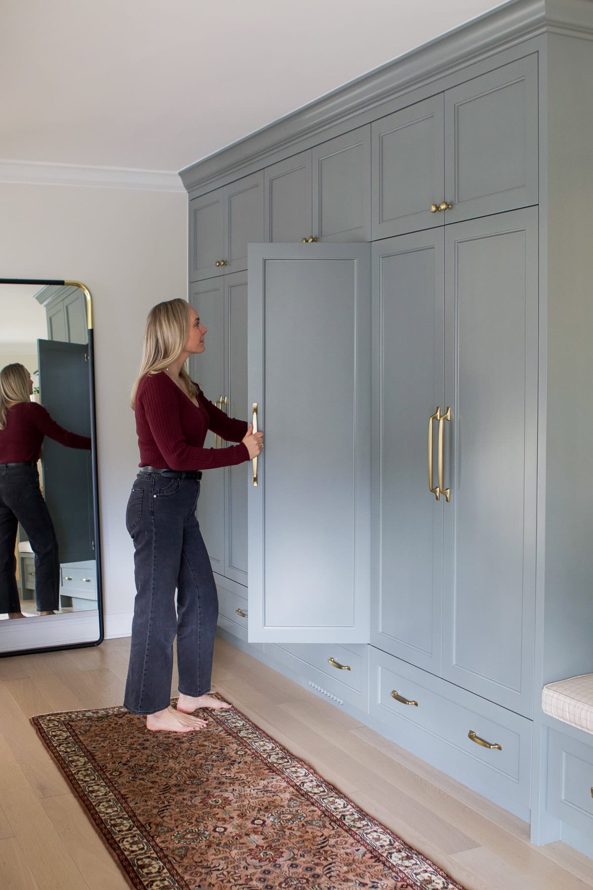 Built In Closet Mudroom System with Slate Blue Brass Pulls