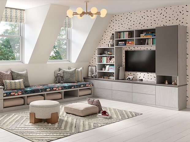 Built In Storage Unit with Window Bench and Attic Media Center Design