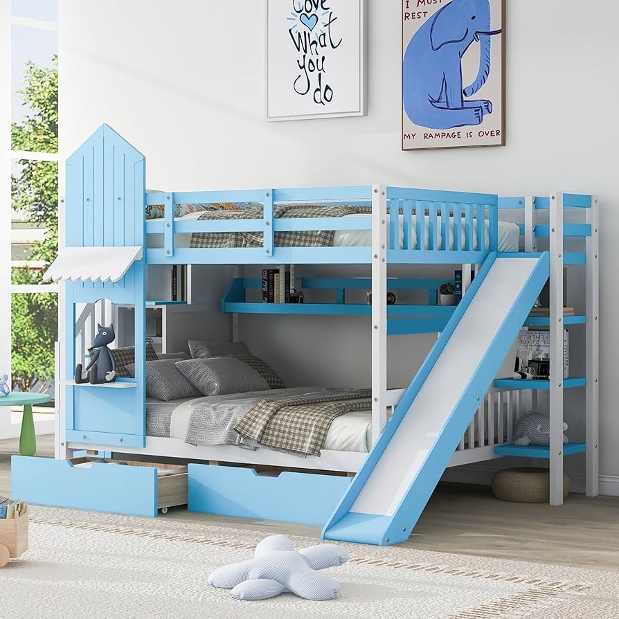 Bunk Bed Castle Facade with Integrated Slide and Storage