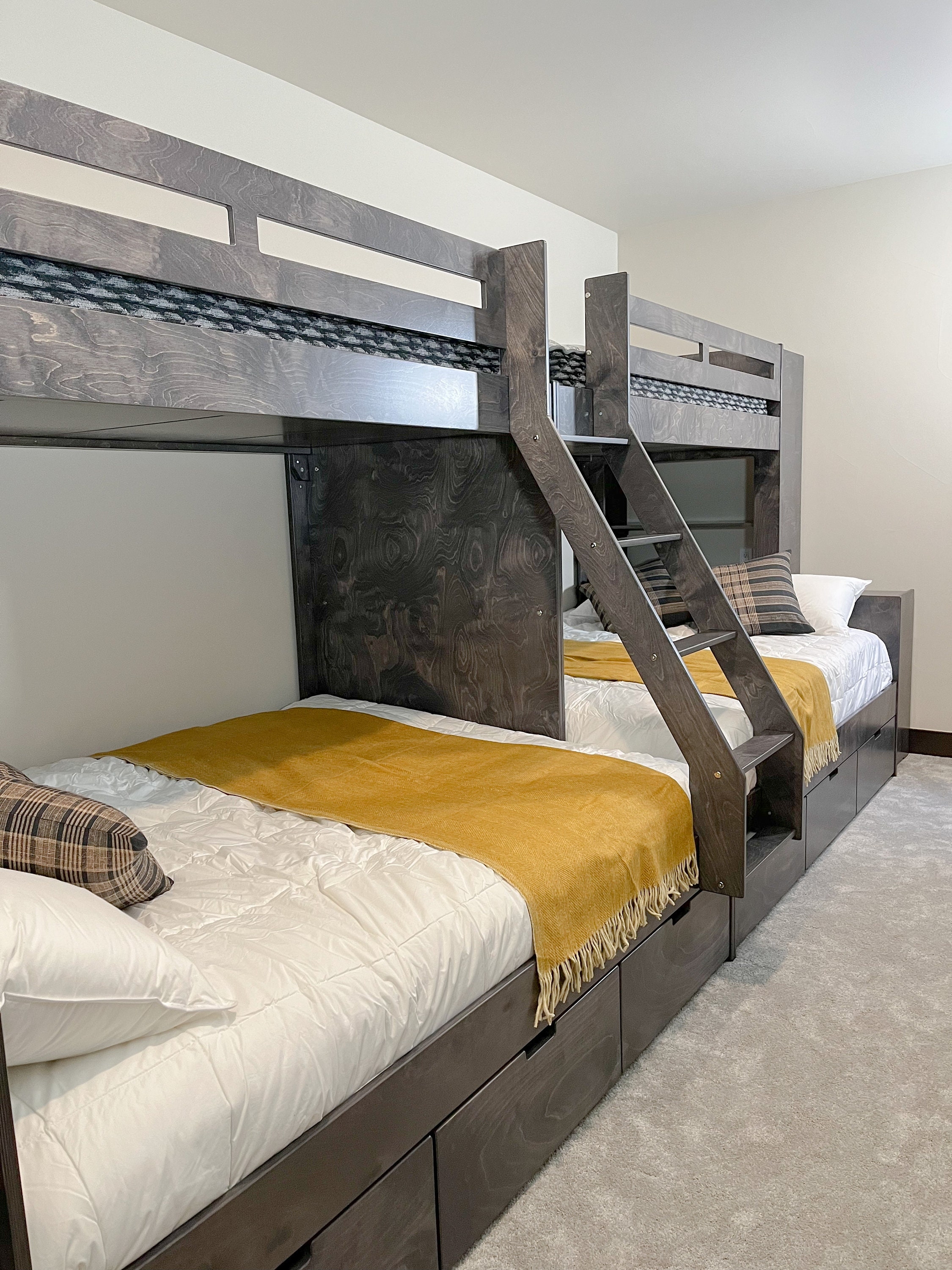 Bunk Bed Dark Stained Wood Mustard Yellow Accents Bed
