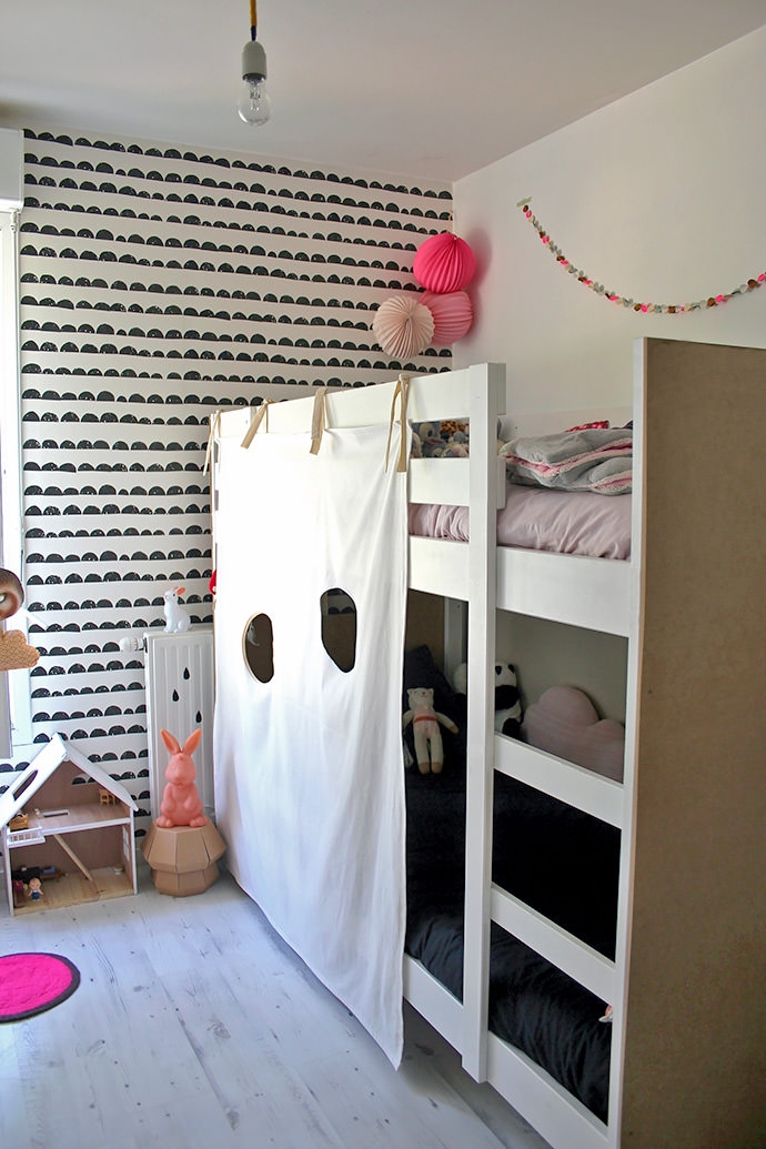 Bunk Bed Fabric Fort Curtain and Half Moon Wallpaper