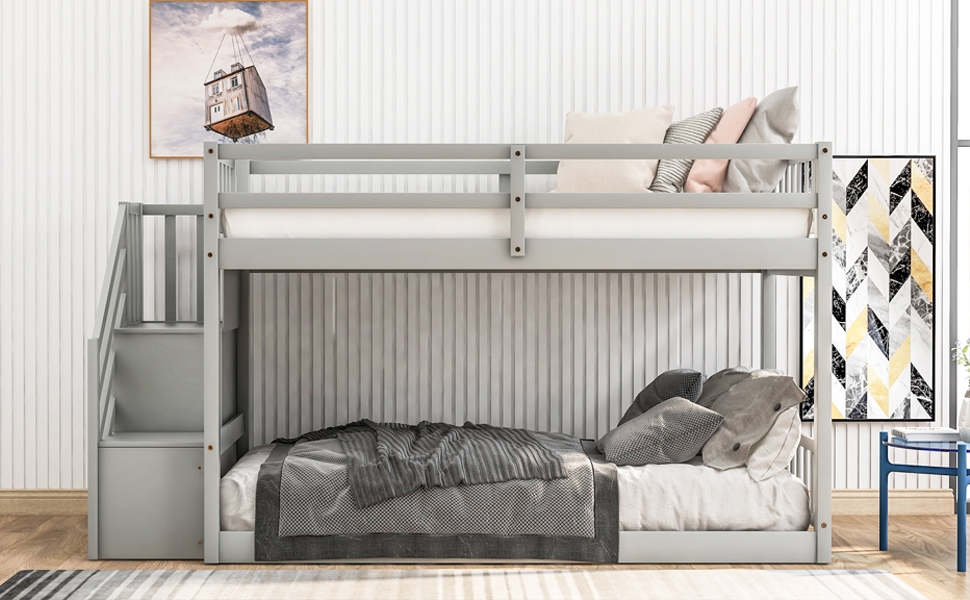 Bunk Bed Featuring Storage Steps and Modern Kids Bedroom Decor