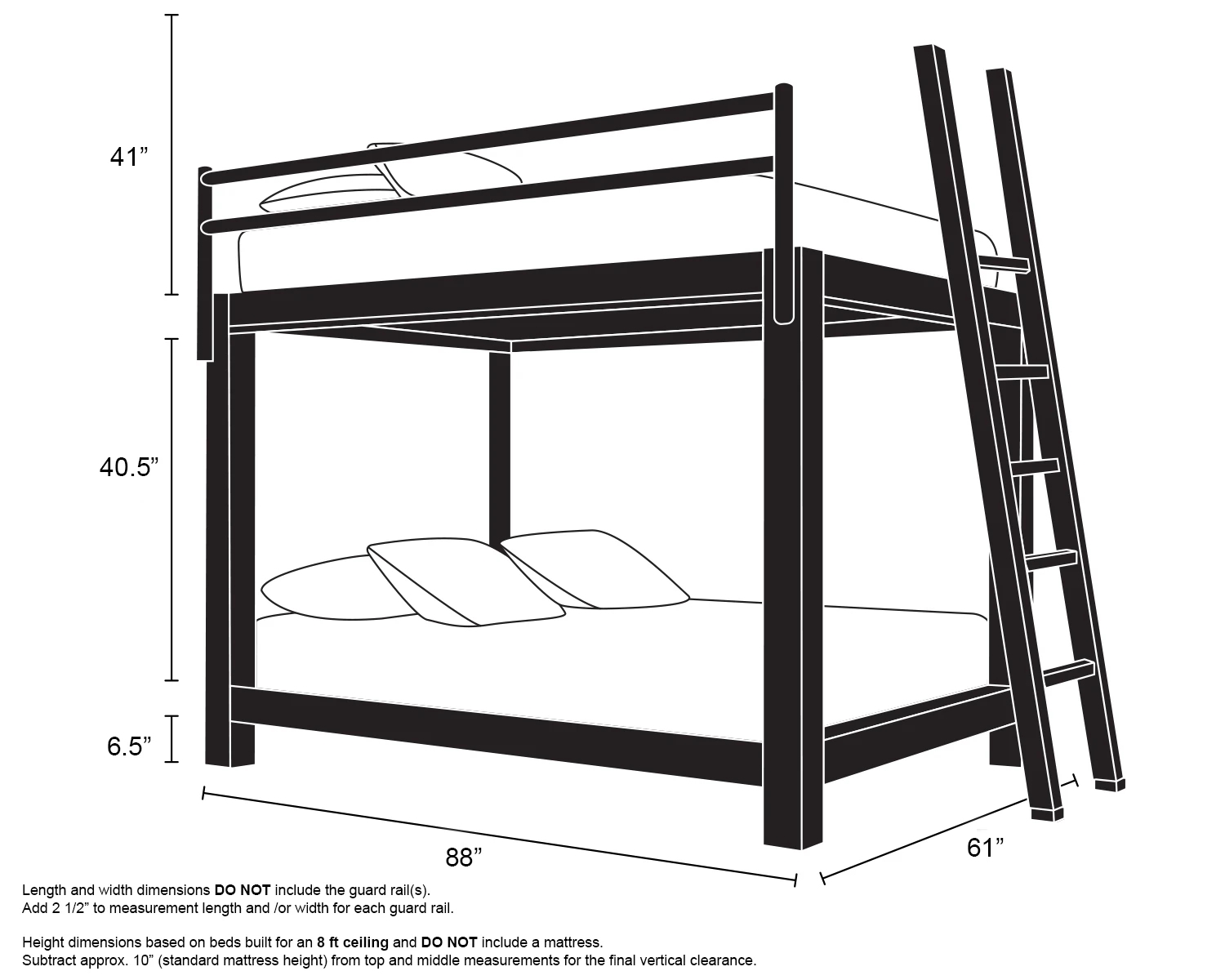 Bunk Bed High Clearance 40.5 Inch Queen Base Frame