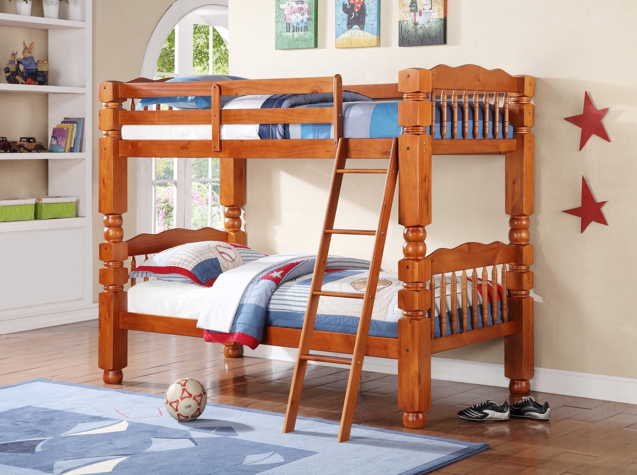 Bunk Bed Honey Pine Turned Posts and Angled Ladder Frame