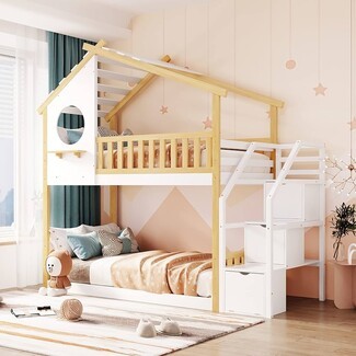 Bunk Bed House Frame Built In Drawers Storage Stairs