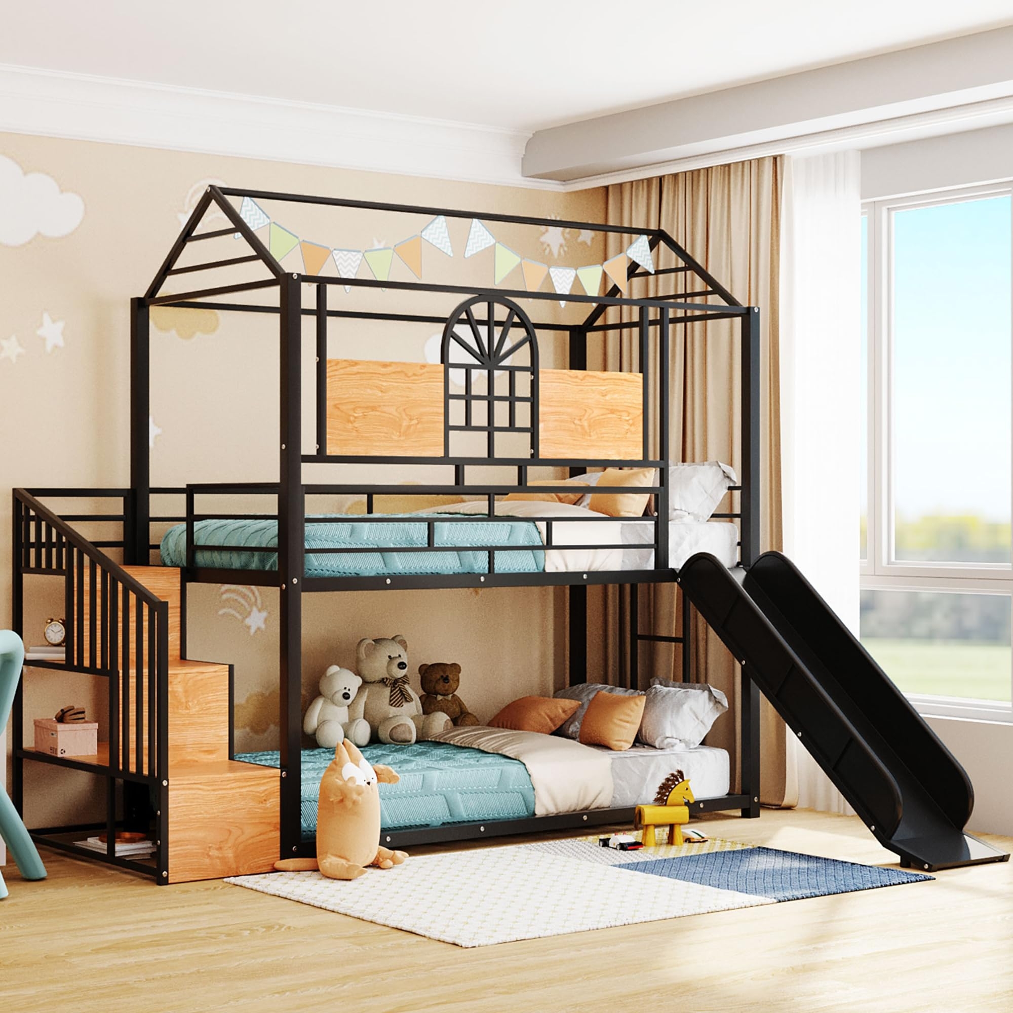 Bunk Bed House Shaped Frame and Integrated Play Slide