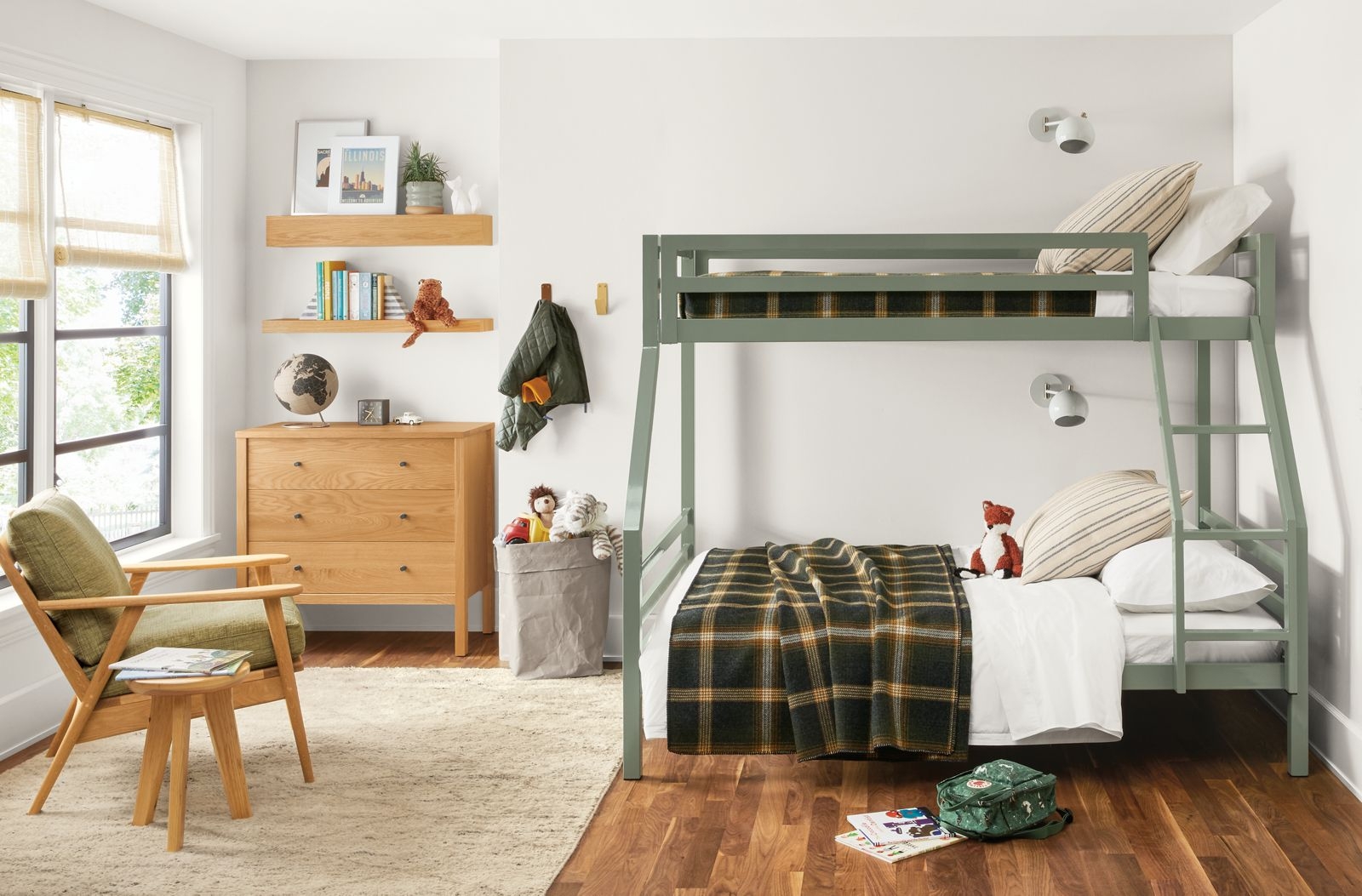 Bunk Bed in Sage Green Metal with Scandinavian Wood Accents