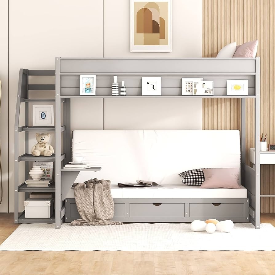 Bunk Bed Integrated Staircase Storage and Grey Futon Base