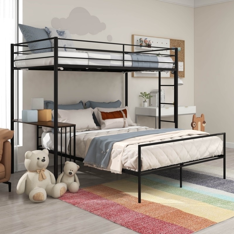 Bunk Bed L Shaped Layout Matte Black Metal Integrated Desk