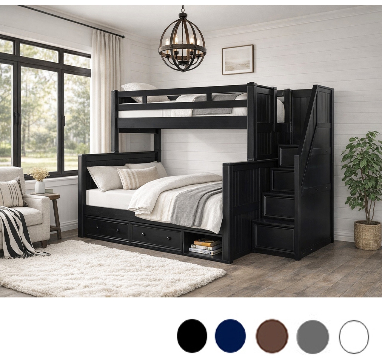 Bunk Bed Matte Black Beadboard Panels Storage Stairs