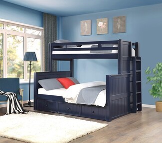 Bunk Bed Navy Blue Storage Drawers Twin over Queen