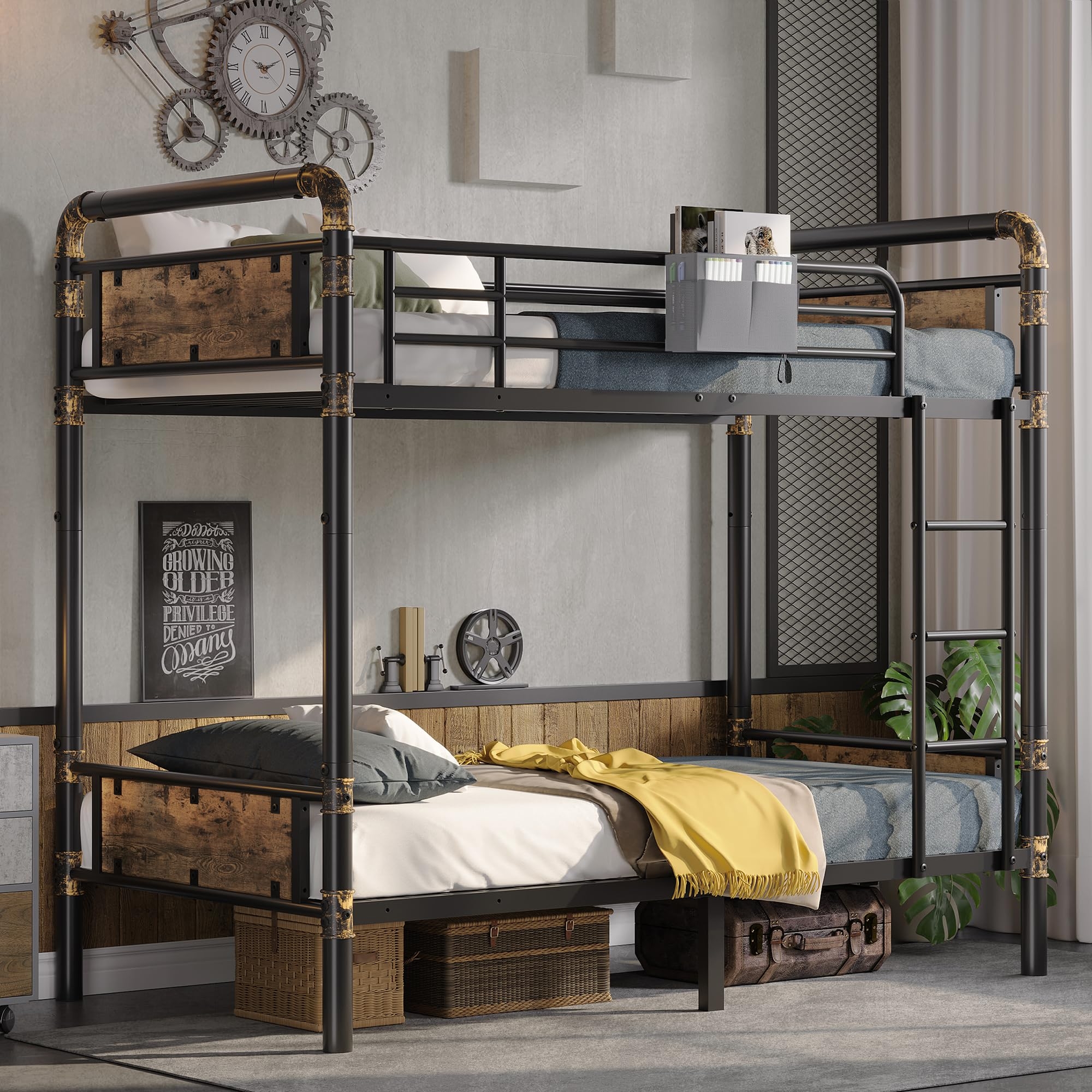 Bunk Bed Pipe Fitting Joints and Matte Black Industrial Frame