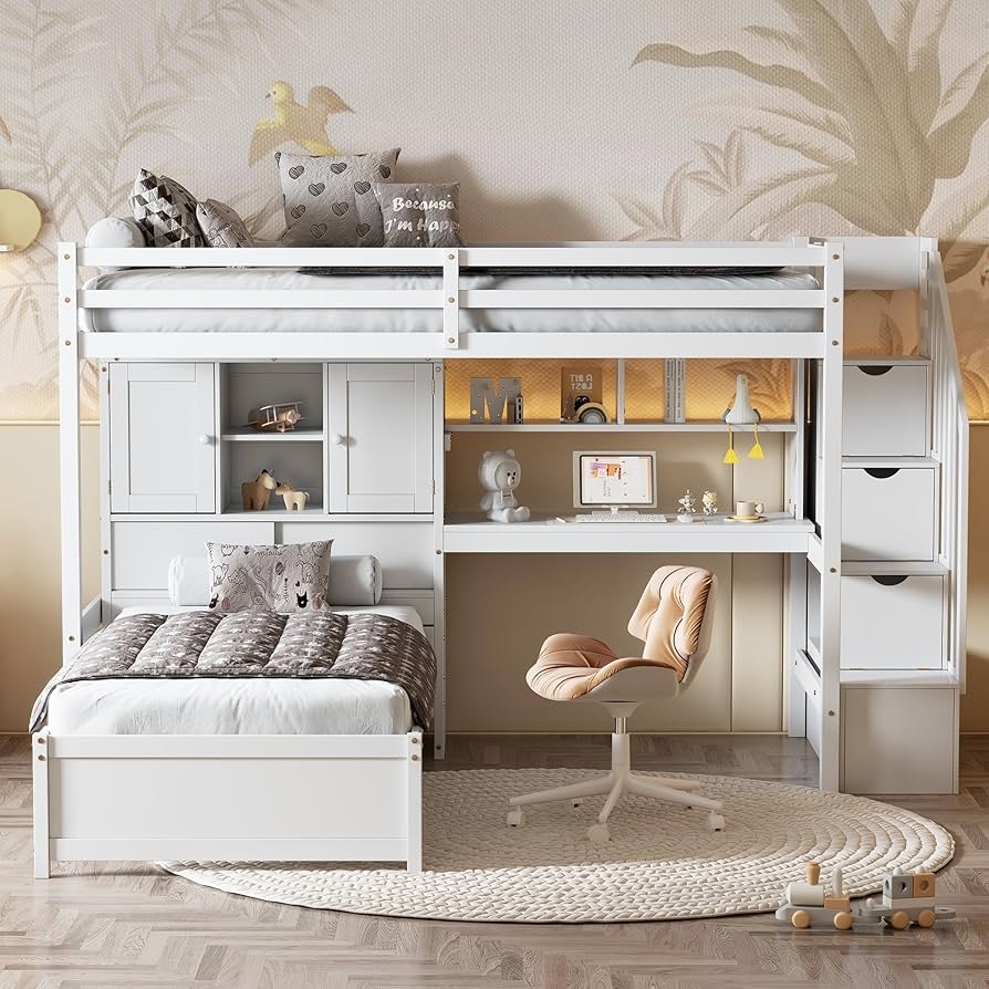 Bunk Bed Set with L-Shaped Design and Storage Staircase