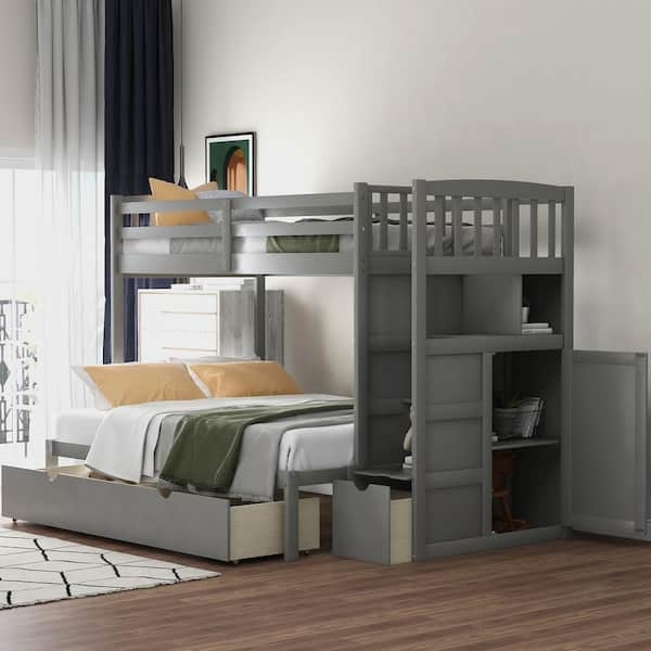 Bunk Bed Slate Gray Finish and Integrated Cabinet Storage