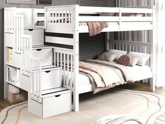Bunk Bed Solid White Full Over Full Cutout Drawer Pulls
