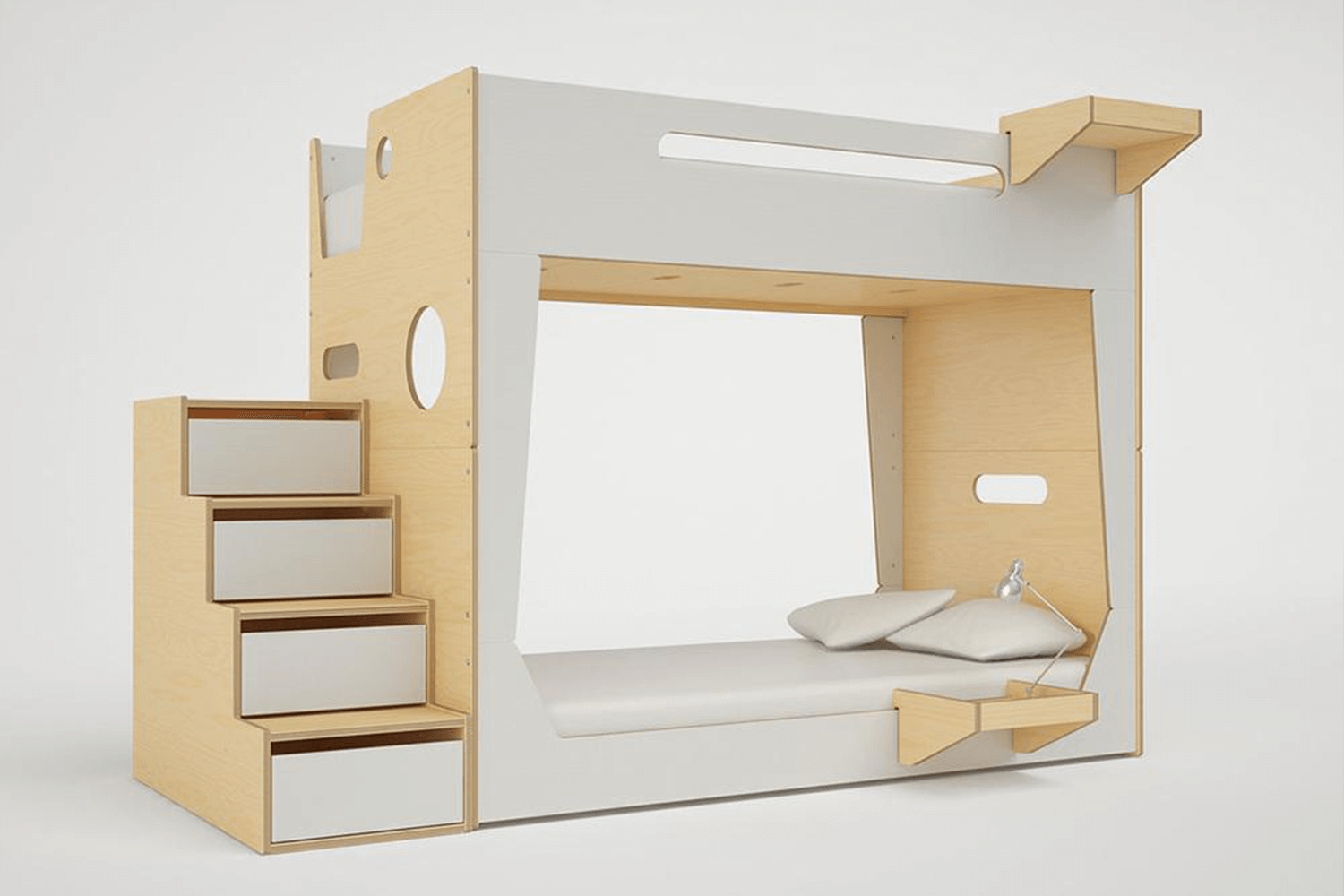 Bunk Bed White Drawer Steps Geometric Cutouts Modern