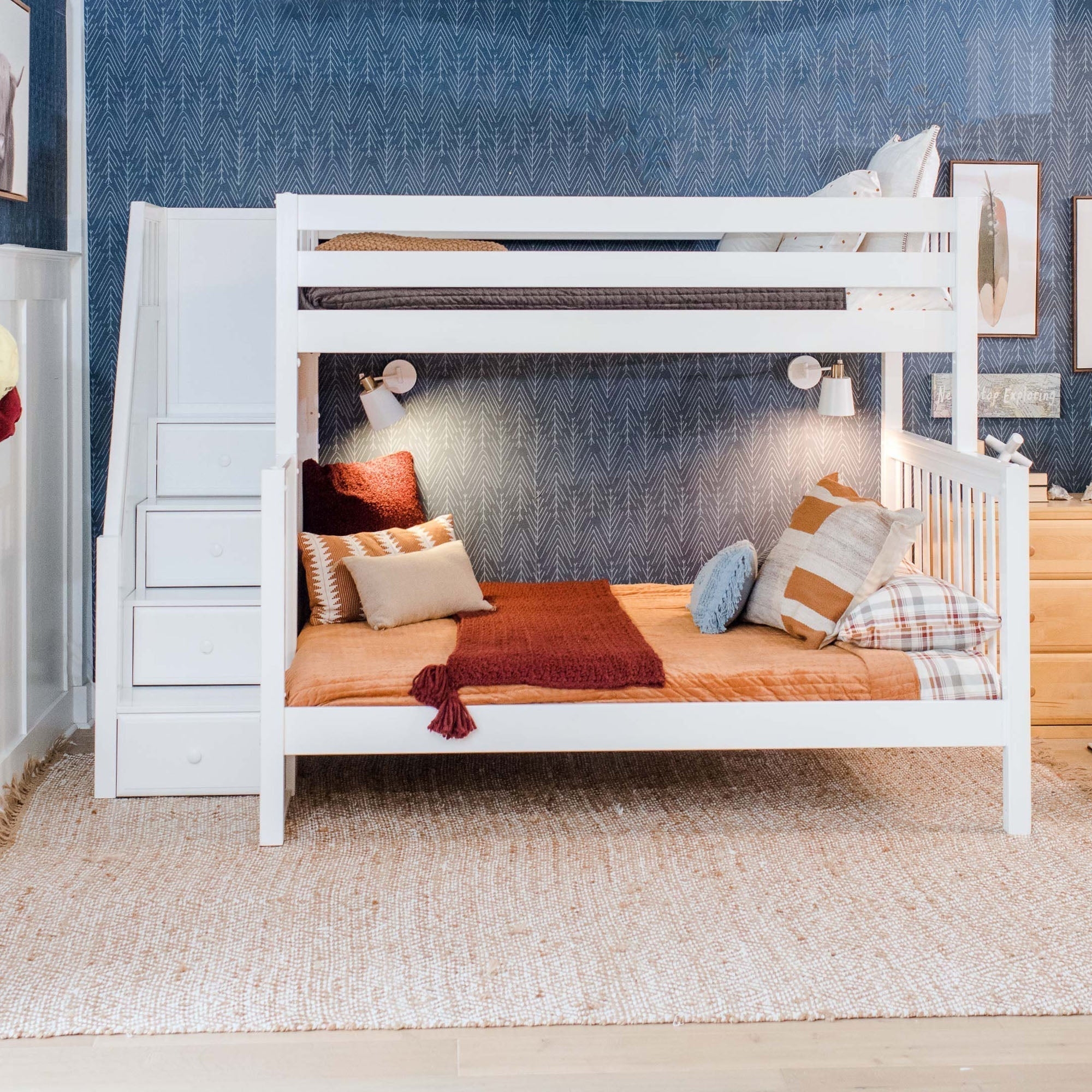 Bunk Bed White Painted Staircase Entry Queen Frame