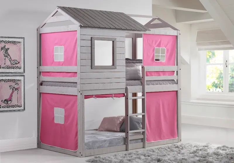 Bunk Bed with Pink Tent Panels and Treehouse Silhouette