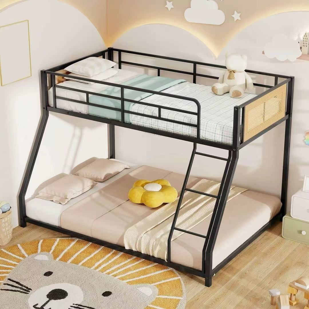 Bunk Bed with Rattan Woven Panel and Twin Over Full Metal
