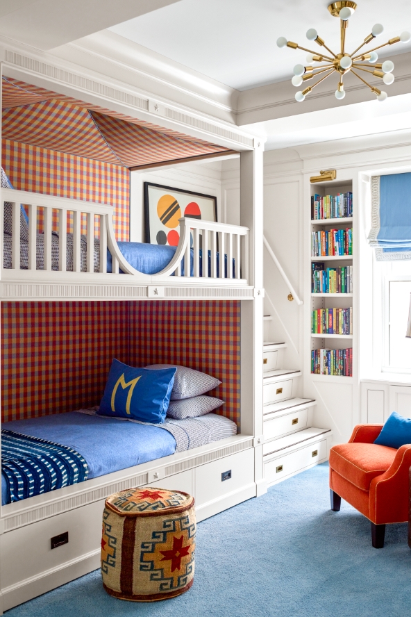 Bunk Beds Including Integrated Staircase Drawers and Plaid Nook
