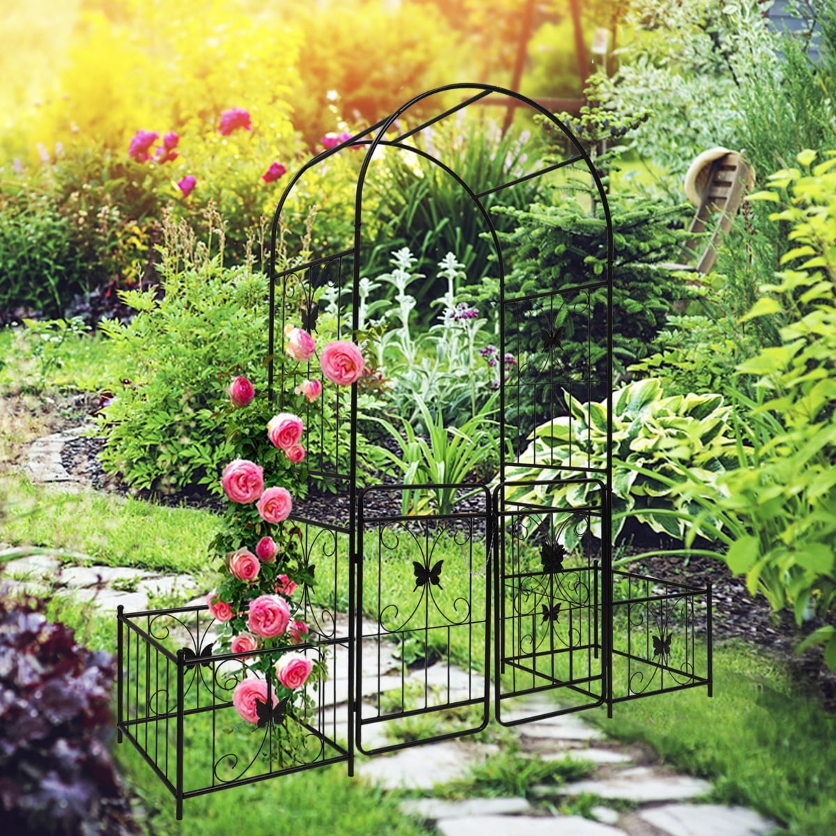 Butterfly Motif Garden Arch with Black Trellis Frame