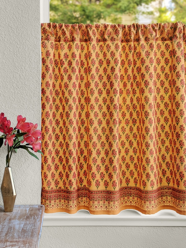 Cafe Curtain: Hand Block Print Saffron Kitchen Drapes