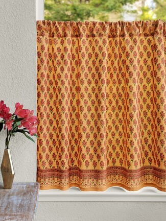 Cafe Curtain: Hand Block Print Saffron Kitchen Drapes
