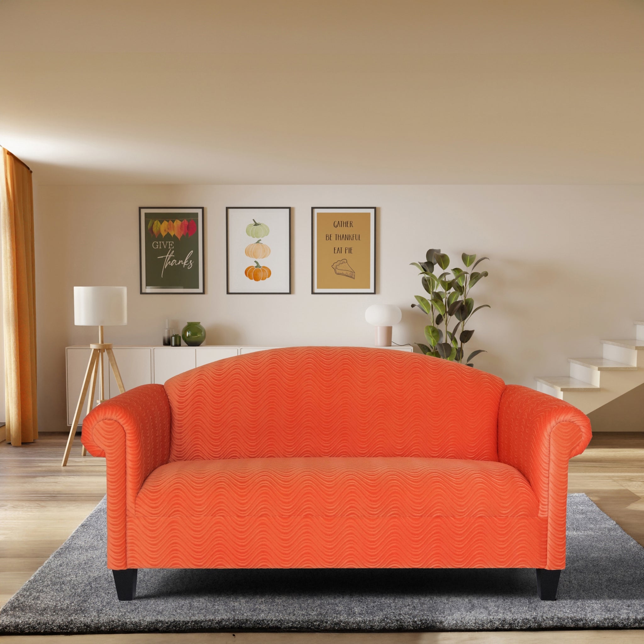 Camel Back Sofa Vibrant Orange Wavy Texture Upholstery