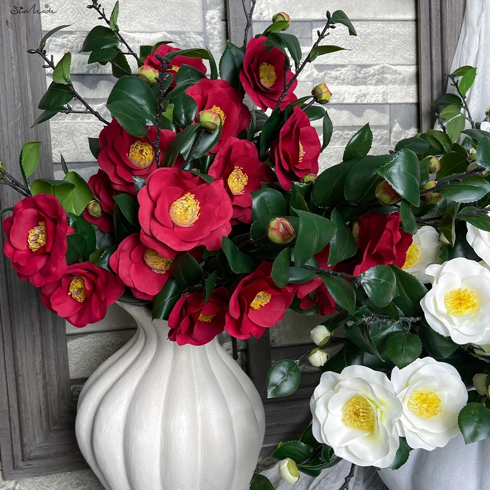 Camellia Arrangement with Fluted Ceramic Vase and Branch Bouquet