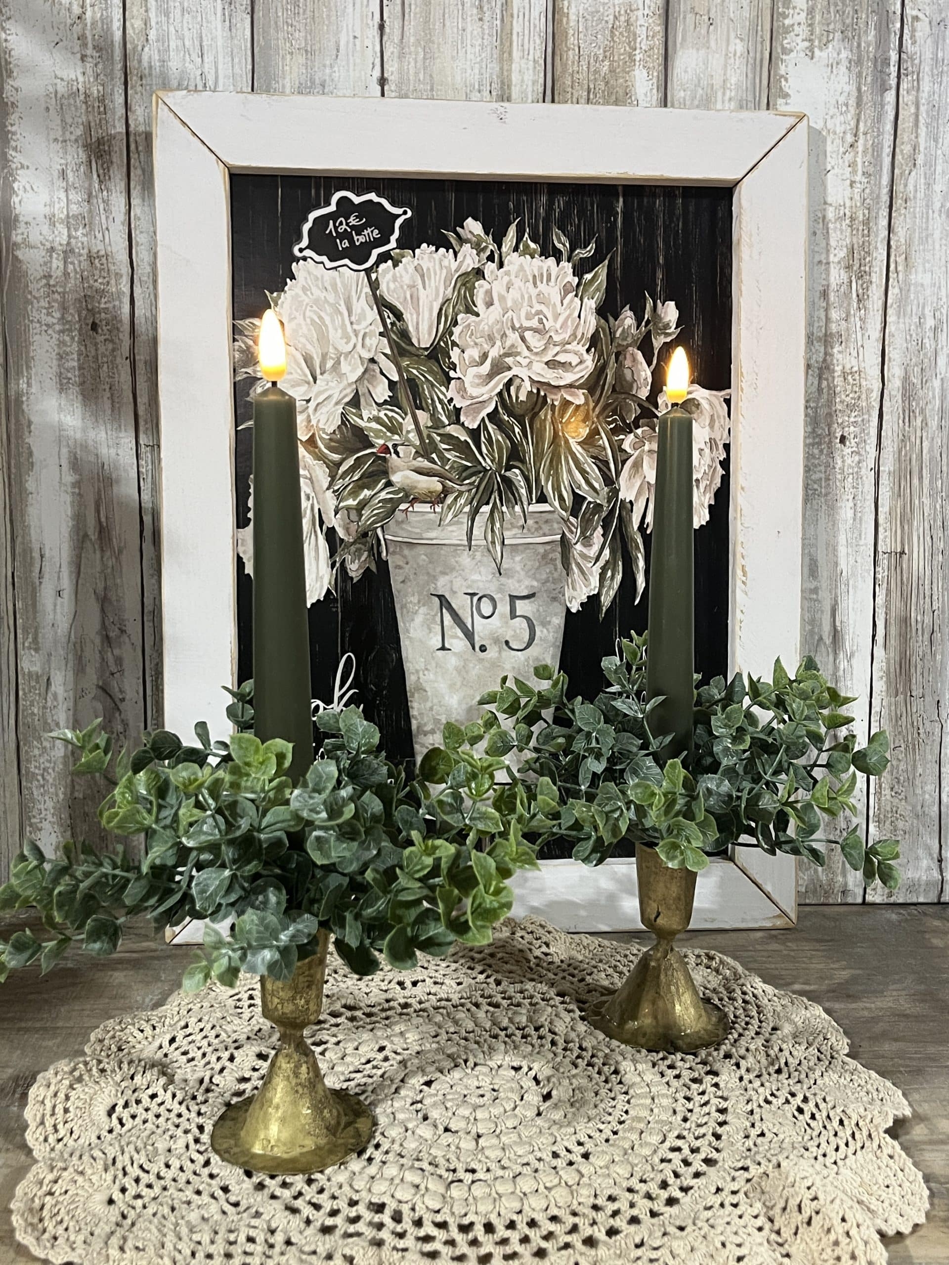 Candle Ring Antique Finish Eucalyptus Leaves Sage Green Botanical